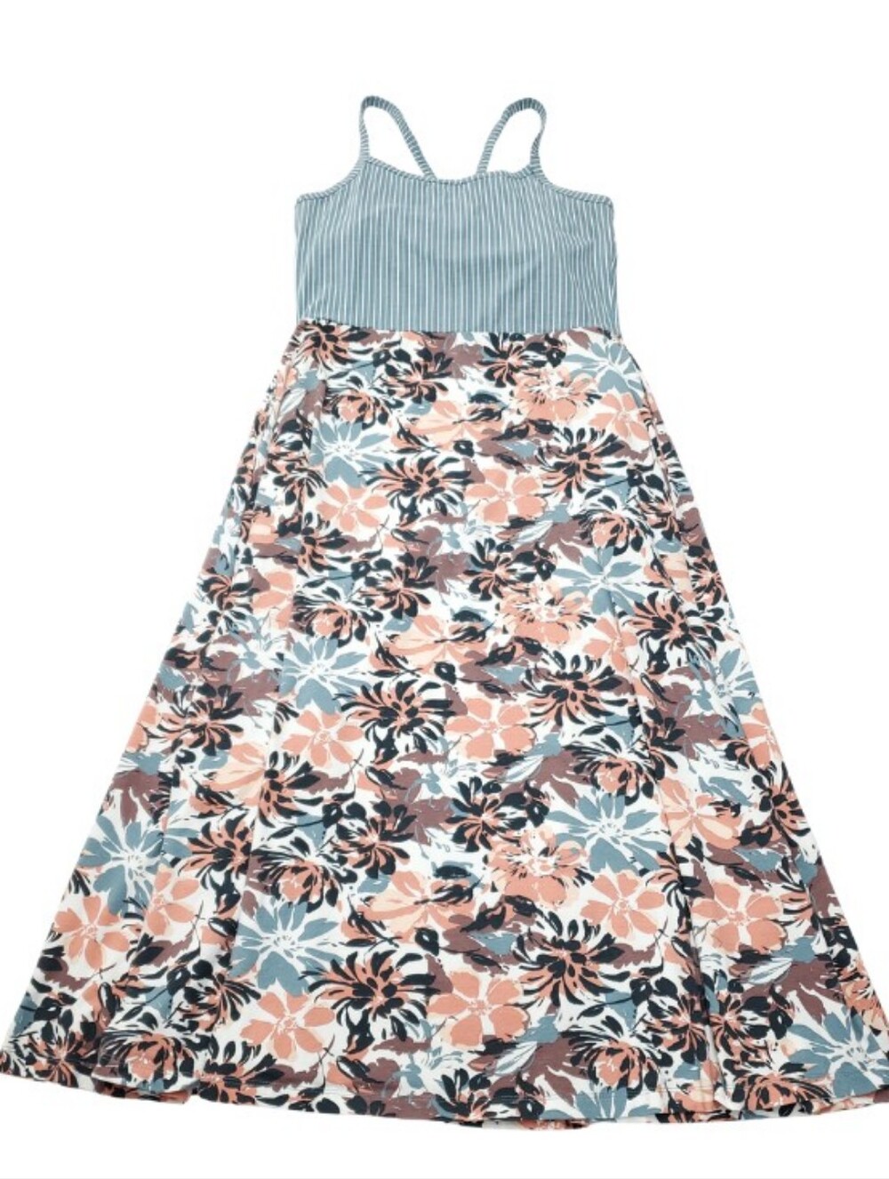 Pact Fit & Flare Strappy Midi Dress Lake Blossoms/Stripe Cotton Cozy Autumn Sz M - Picture 2 of 13